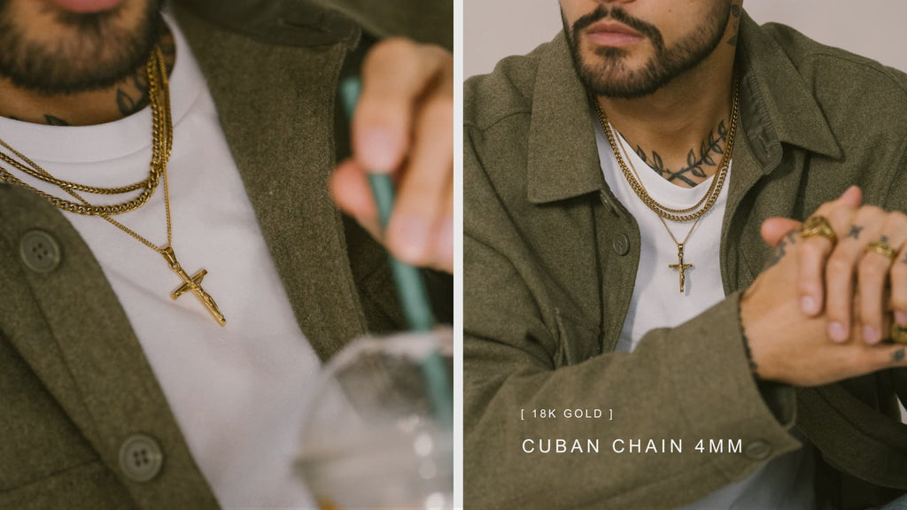 Man wearing olive coloured shirt with a Gold Cuban Link Chain and layered Gold Pendant