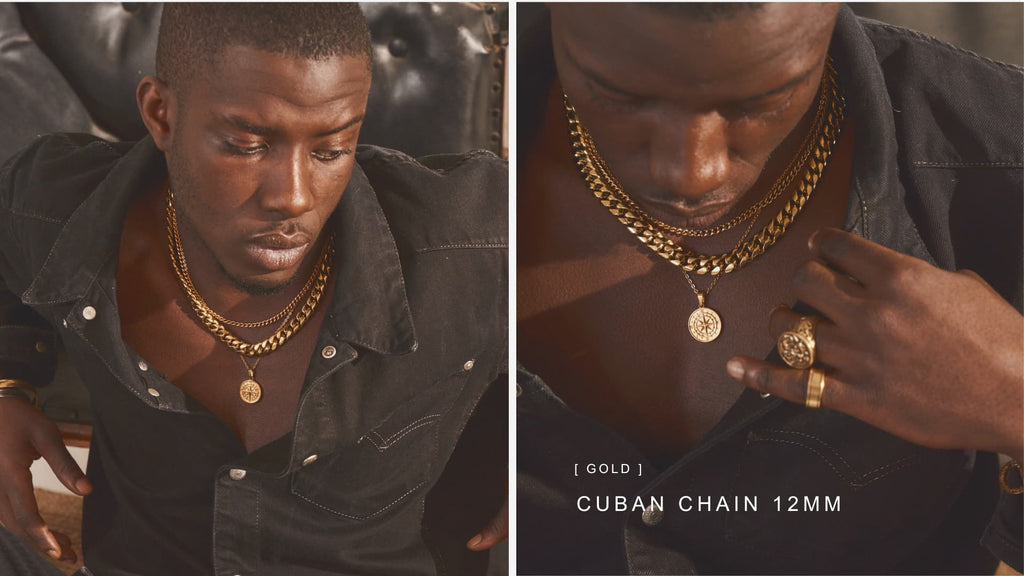 Man wearing black open collar shirt with a statement 12mm Gold Cuban Chain