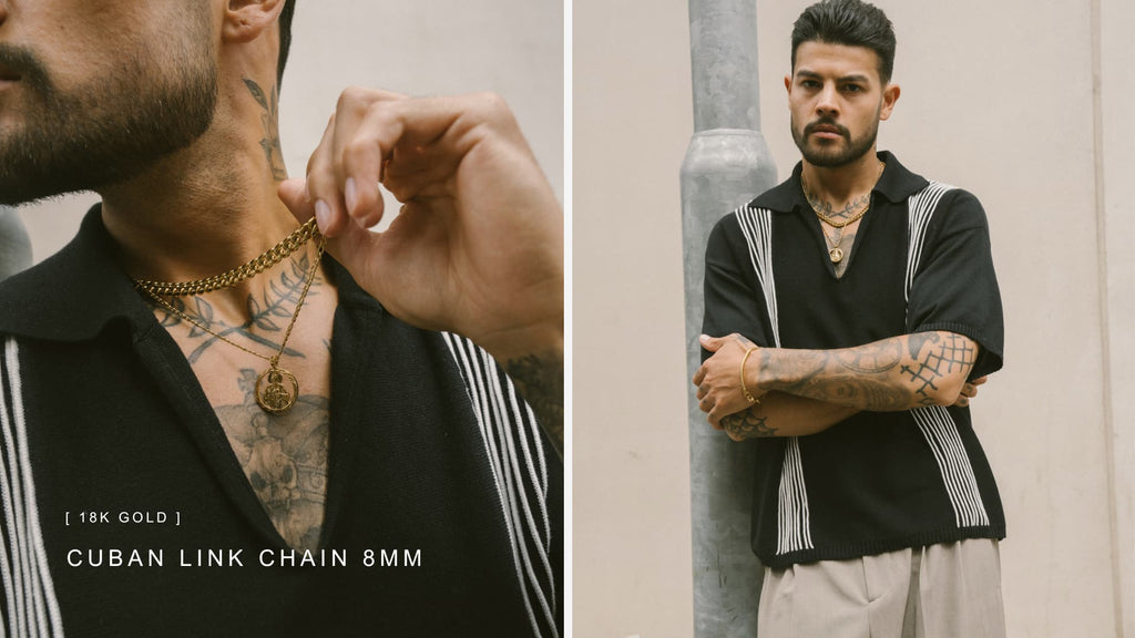 Man with a black and white collar t-shirt wearing a Gold Cuban Link Chain and Gold Pendant