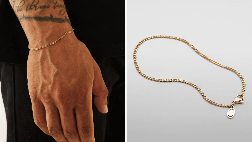 Man's wrist styling a gold 3mm Connell Chain Bracelet