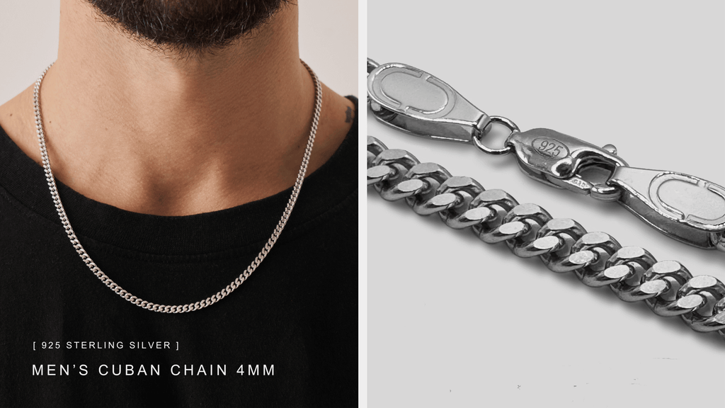 Model wears a black t-shirt and layers a sterling silver Cuban Chain. An unclose shot reveals the real 925 hallmark.