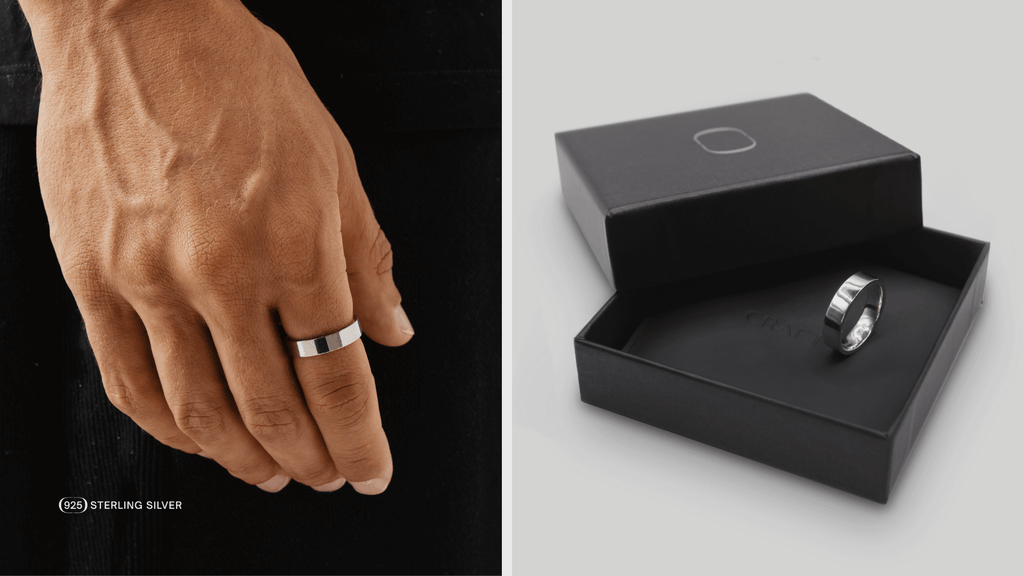 Mans hand wearing a sterling silver ring with a protective gift box next to it