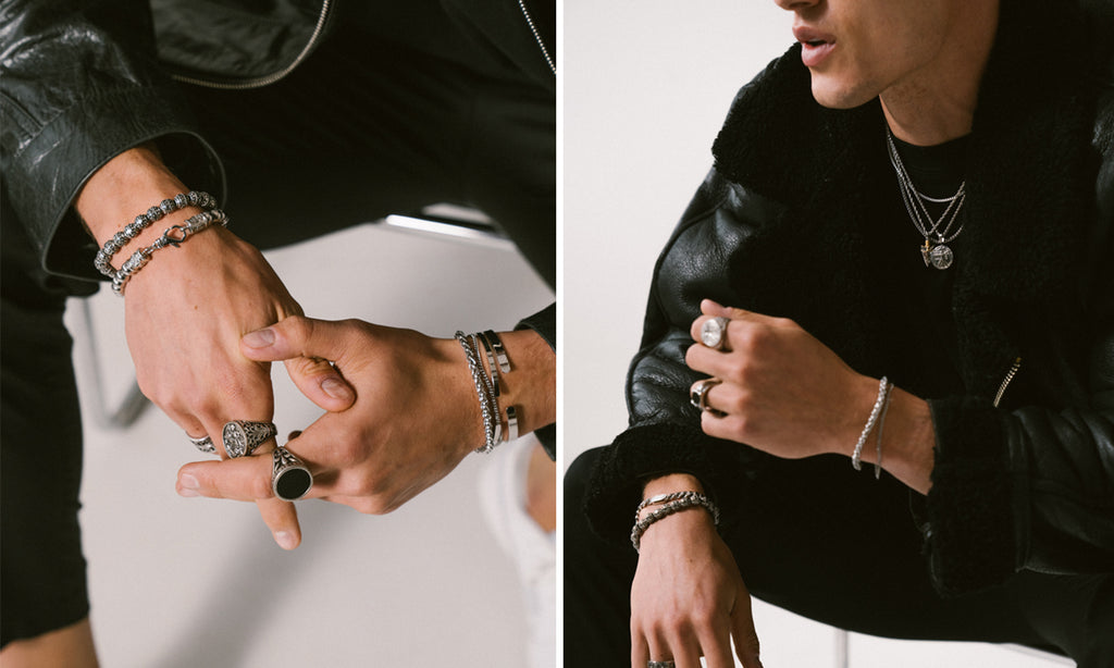 Men's statement Jewellery Stacks in Silver for Autumn Winter Styling. Includes Bracelets, Chains, Pendants and Rings