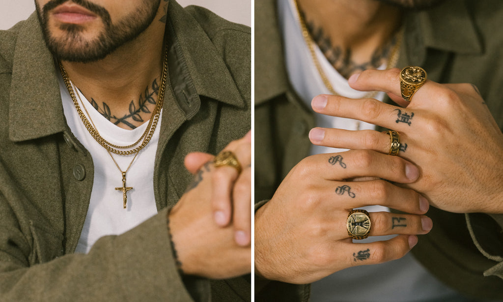 Shop Men's Gold Necklaces, pendants and rings for Autumn Winter Styling.