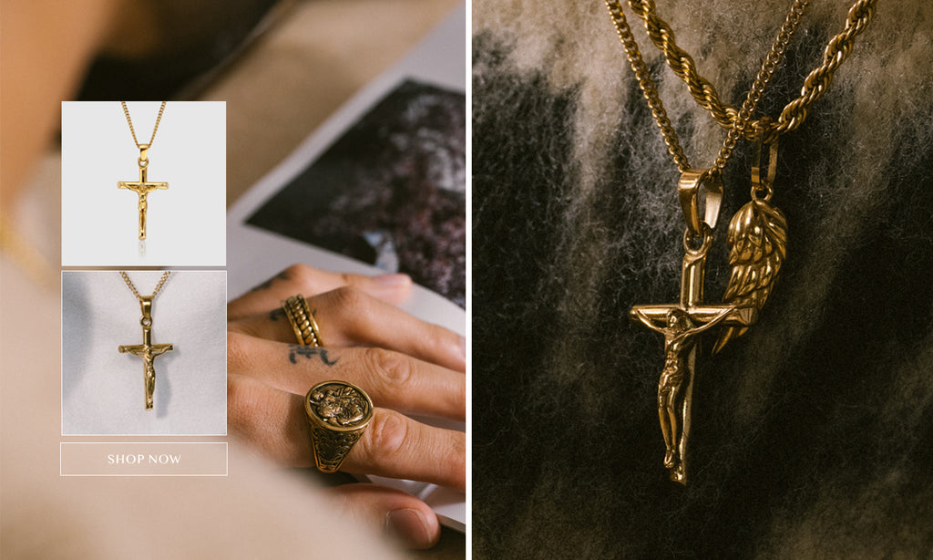 Men's Gold Crucifix and Wing Pendant Double Set for Autumn Winter Styling