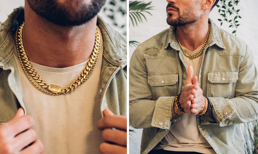 Man wearing a white t-shirt, green shirt and a Gold Cuban Link Chain in 12mm