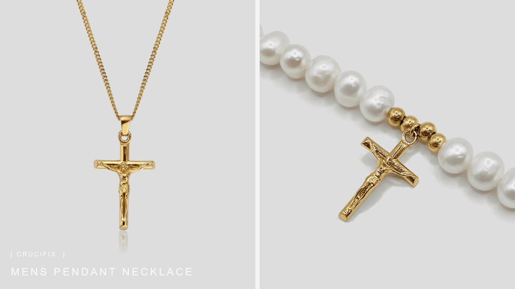 Product shot of mens crucifix pendant necklace and a set of mens pendant pearls