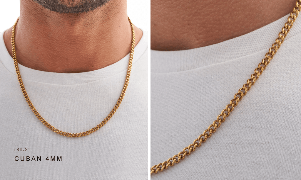 Man wearing a basic white t-shirt and layering a Gold Cuban Link Chain in 4mm width