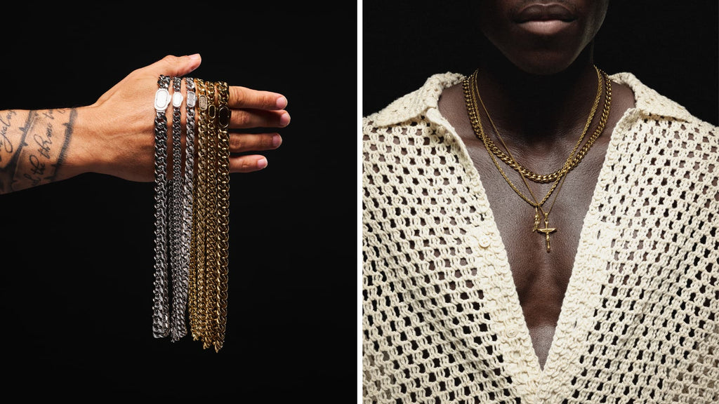 Man's arm reaching out with different Gold and Silver Cuban Link Chains hanging over his hand
