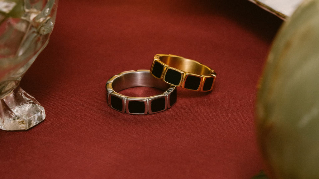 Mens Gold and Silver Onyx Gemstone Rings