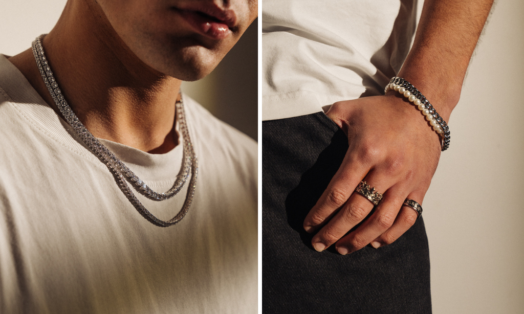 Collier ICED en argent pour hommes, bracelet en argent et bracelet en perles