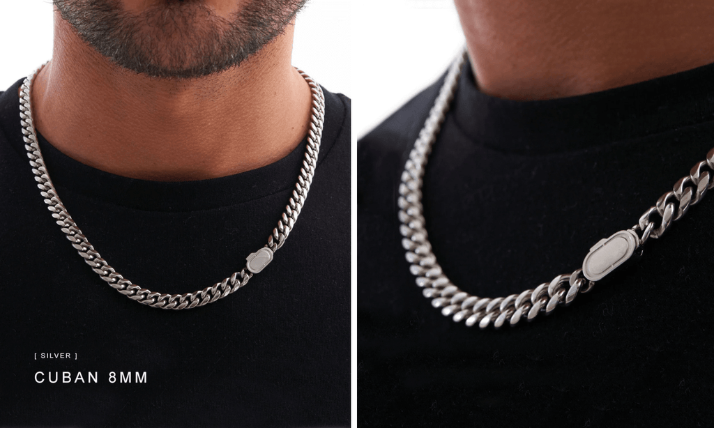 Man wearing a basic black shirt and layering a Silver Cuban Link Chain in 8mm
