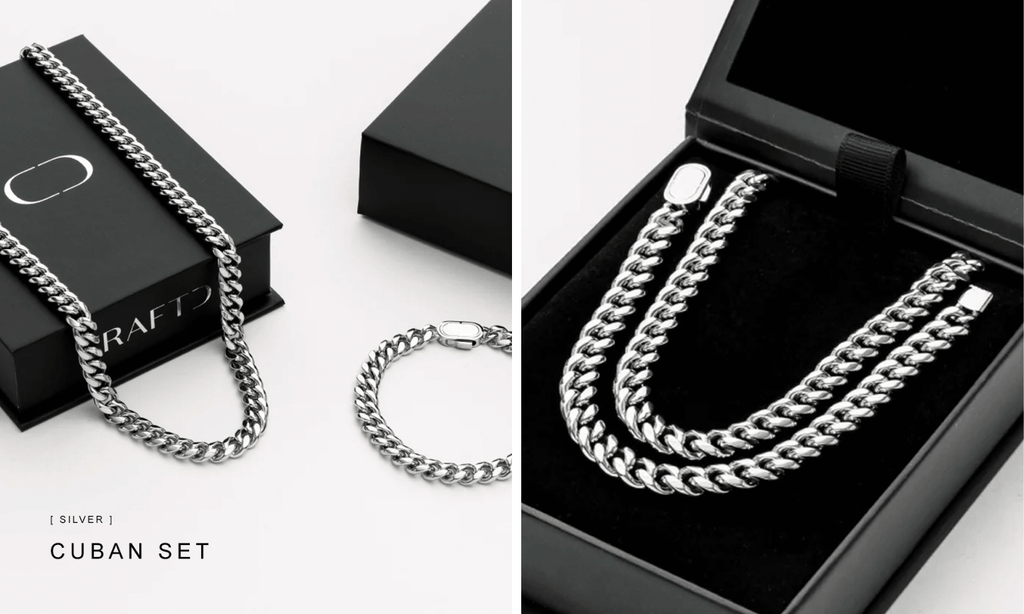 Men's Silver Cuban Link Chain and Bracelet Set hanging over the top of a gift box