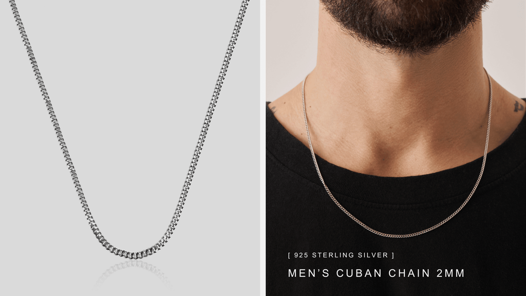 Product image and model image of a man wearing an understated 2mm Cuban Link Chain in 925 Sterling Silver