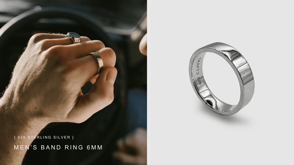 Man's hand wearing a 925 Sterling Silver Band ring