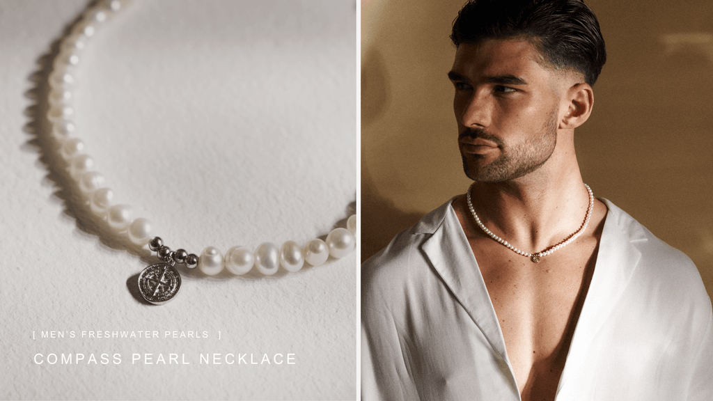 Man wearing an open collar white shirt layering a freshwater pearl necklace and a silver pendant