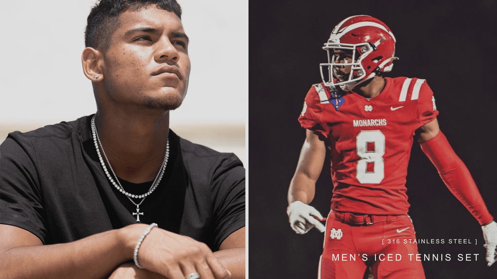 American football players on the right in his red kit. Then photographed on the right hand side in more relaxed clothes. He's wearing a black t-shirt and styling men's stainless steel and silver jewellery including an ICED Tennis Chain and Cross Pendant