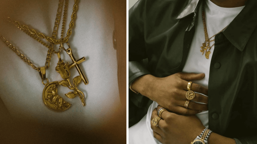 Man wearing a plain white t-shirt and dark green shirt. He is accessorising with different types of gold jewellery including necklaces, pendants and chains