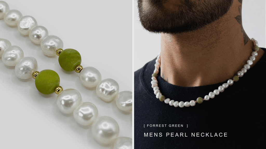 Man in a black t-shirt wearing a mens pearl necklace with forrest green coloured pearls