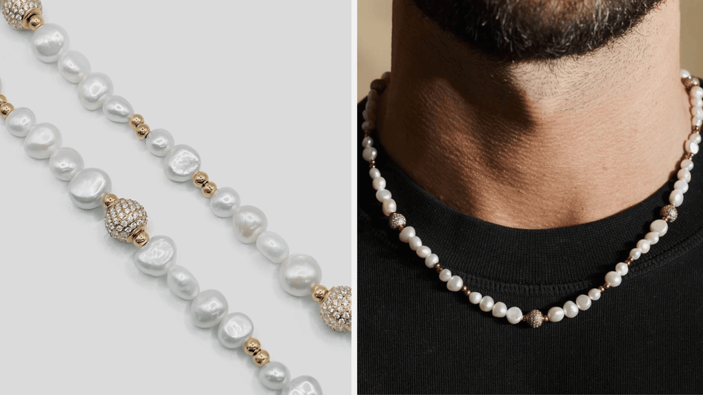 Man wearing a freshwater beaded real pearl necklace in 18K Gold