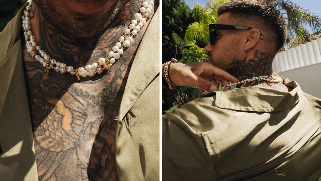 Man in relaxed summer shirt wearing two sets of mens pearl necklaces