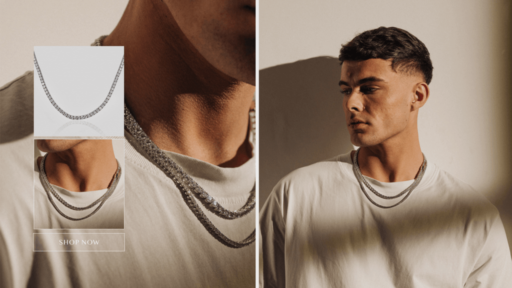 Man layering two ICED silver Tennis necklaces