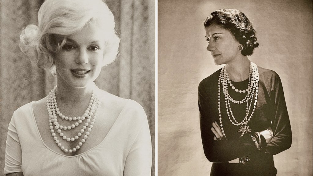 Marilyn Monroe and Coco Chanel wearing pearl necklaces