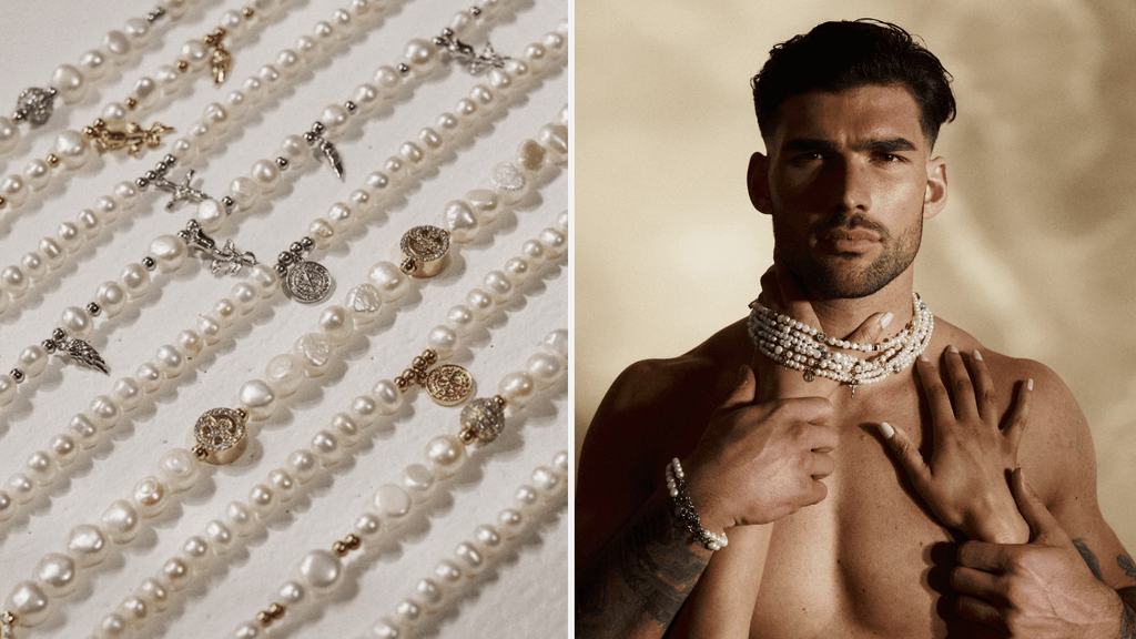 Man layering many different types of unique gold and silver real pearl necklaces. Woman's hands trying to grab them off of him