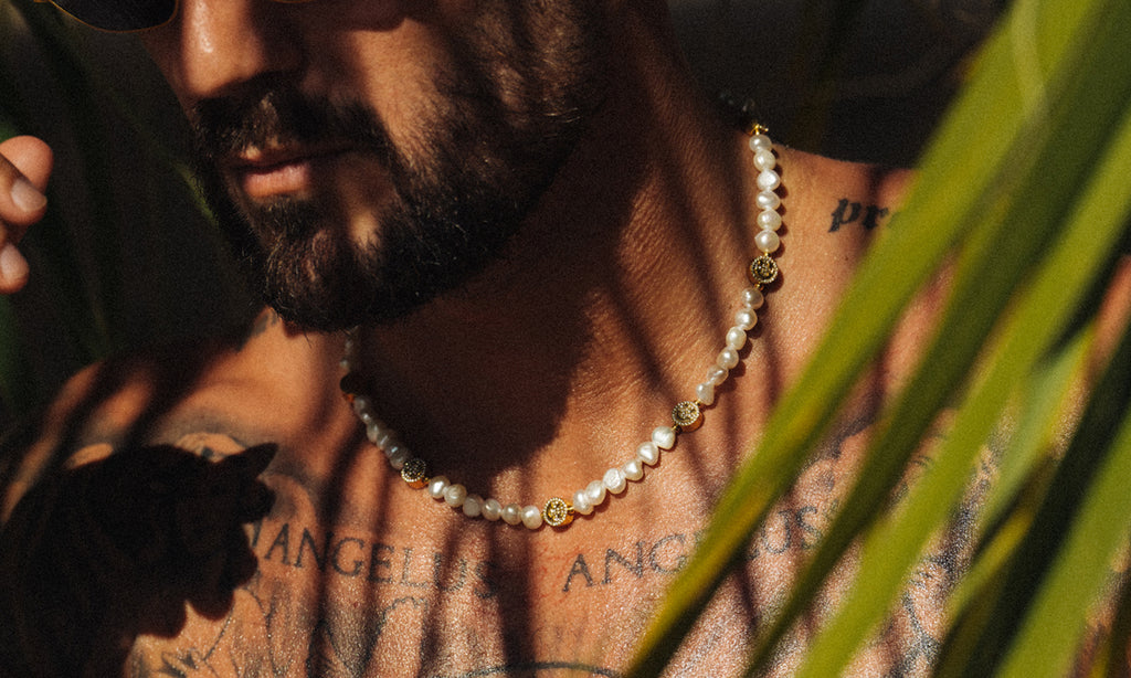 Behind the scenes of Pearls SS23. Campaign images of real pearls for real men. Natural, authentic pearls. 316L Stainless Steel & 18k Gold. Water resistant, heat resistant and sweat resistant. 100% hypoallergenic - meaning no green skin.