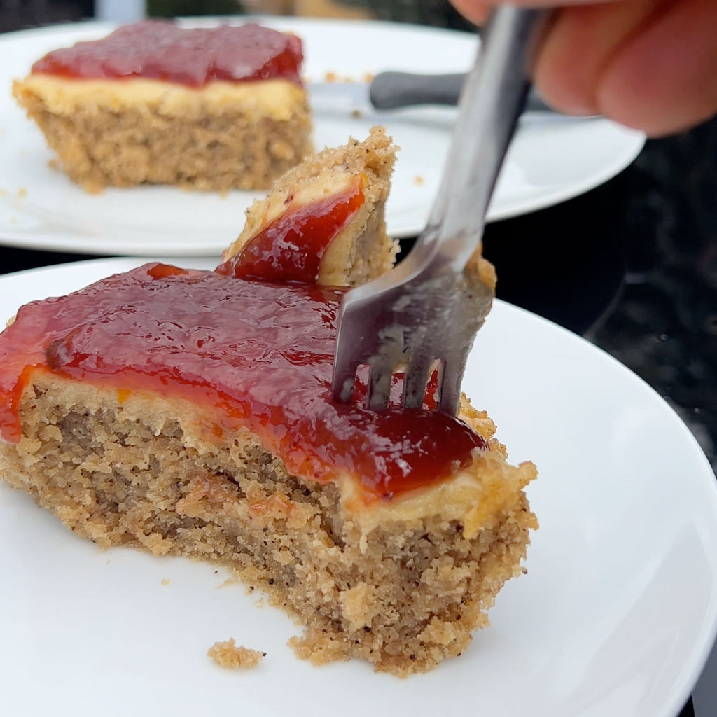 pb&j protein cake with fork