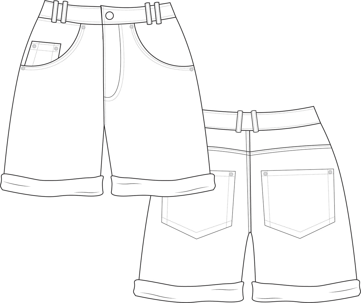 Denim Shorts Technical Drawing - Fashion Flat