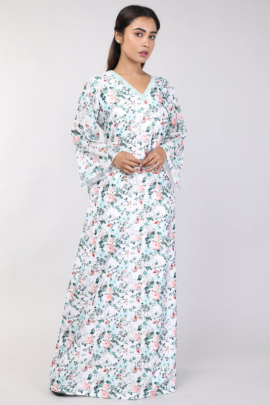Peach Premium Satin Nighty With Floral Print & Puff Sleeves