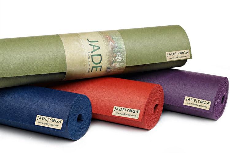 4 Jade yoga mats in selection of colours, Purple, Green, Red, and blue. 