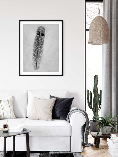 Grey Peacock Pheasant Feather Wall Art  - Giclée Art Print in Black and White