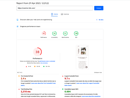 Mobile view- Googe Pagespeed Insight - April 2023
