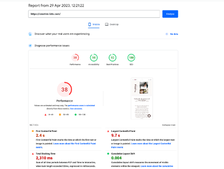 Google PageSpeed Results 29 avril 2023