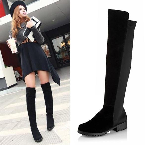 over the knee boots black suede flat