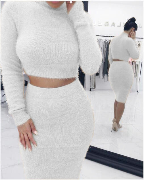 white sweater skirt set