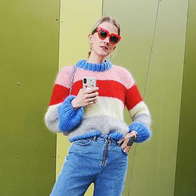 Rainbow Color Stripe Long Bishop Loose Women Pullover Sweater – Oh ...