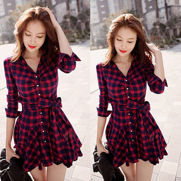 Lapel Plaid V-neck Long Sleeves with Belt Short Dress – Oh Yours Fashion