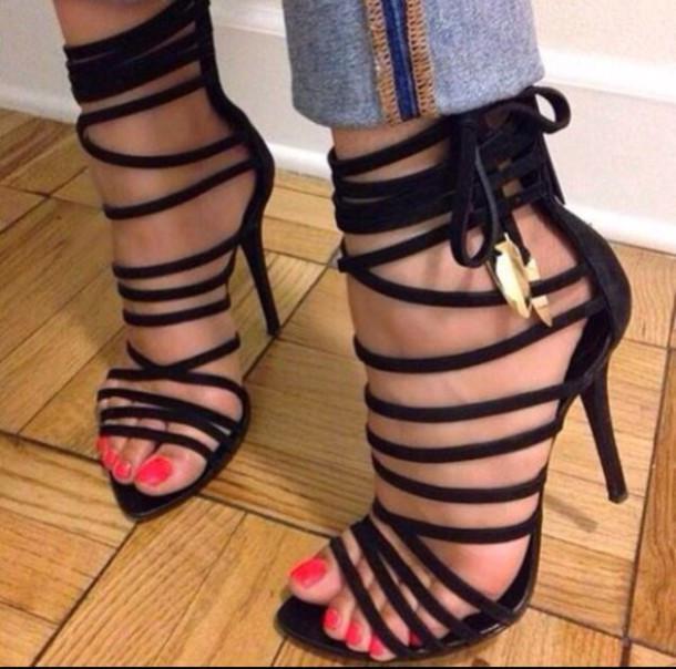 black strappy stiletto sandals