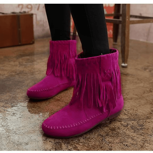 Fringe Low Heel Suede Round Toe Calf Boots
