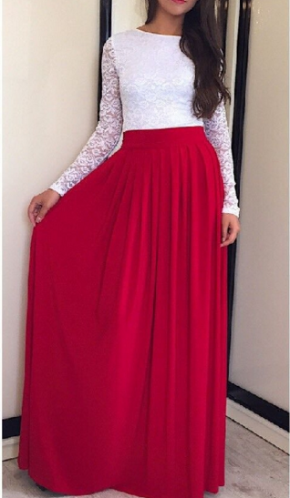 Lace High-waist Long Sleeves Pleated Splicing Long Dress – Oh Yours Fashion