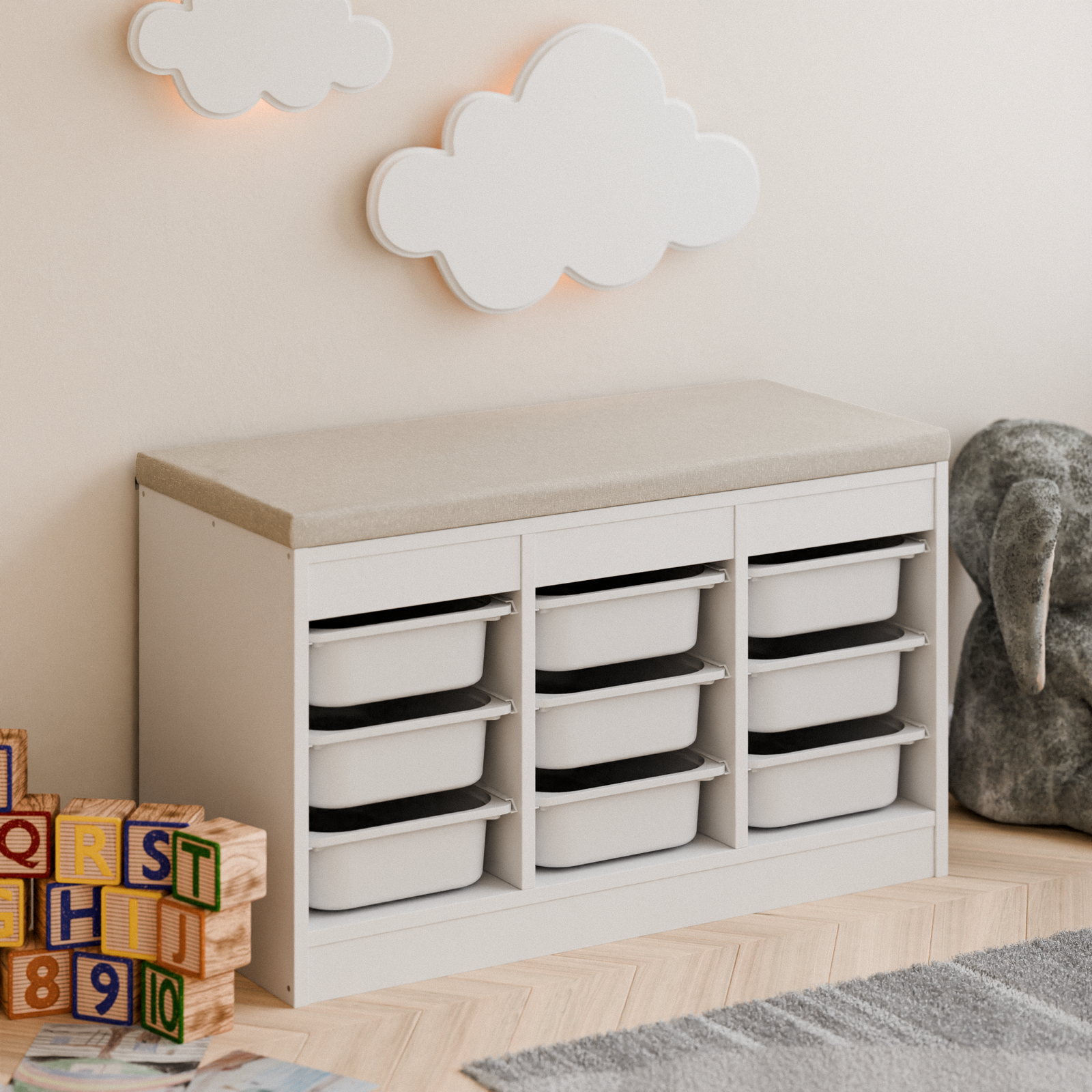 Sitzauflage für Ikea Trofast Regal in Grau oder Beige mit abnehmbarem Bezug - Clutter Cover