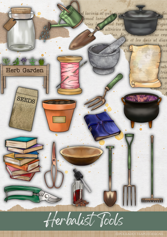 An illustration of various tools and items used by herbalists on a light beige background with a faint grid pattern. The items are arranged in a scattered manner and include a mortar and pestle, a cauldron, a watering can, a spade, a trowel, a rake, a hoe, a pair of scissors, a stack of books, a bowl, a plant pot, a seed packet, and a coffee pot.