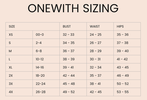 onewith swim size inclusive swimwear, onewith swim size chart