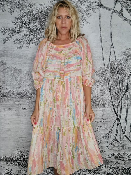Helga May Peach Rainbow Zansibar Pouf Sleeve Dress