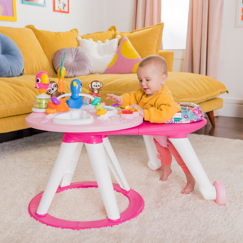 Bright Starts, Bounce Bounce Baby 2-in-1 Activity Center Jumper and Table -  Playful Palms with 7 Interactive Toys, Adjustable Height, Storage Bag