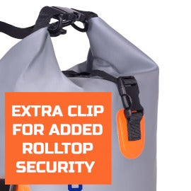 Waterproof dry bags with rolltop seal and extra clip for added watertight security