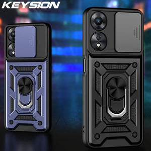 KEYSION Shockproof Armor Case for OPPO A78 5G A98 5G Slide Camera Lens Protection Ring Stand Phone Back Cover for OPPO A58 X 5G - Remote Practice Managers